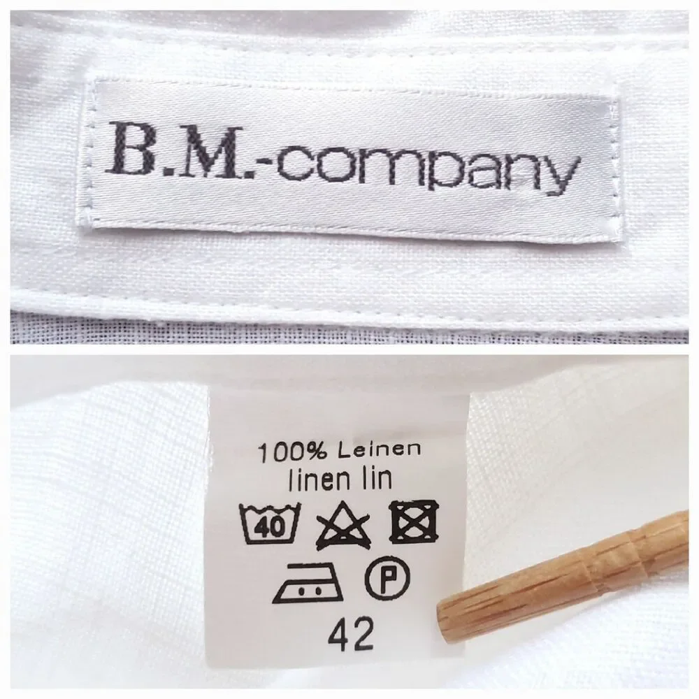 100% Linen White Button Up Tunic Shirt Womens L Minimalist Lagenlook 3/4 Sleeve